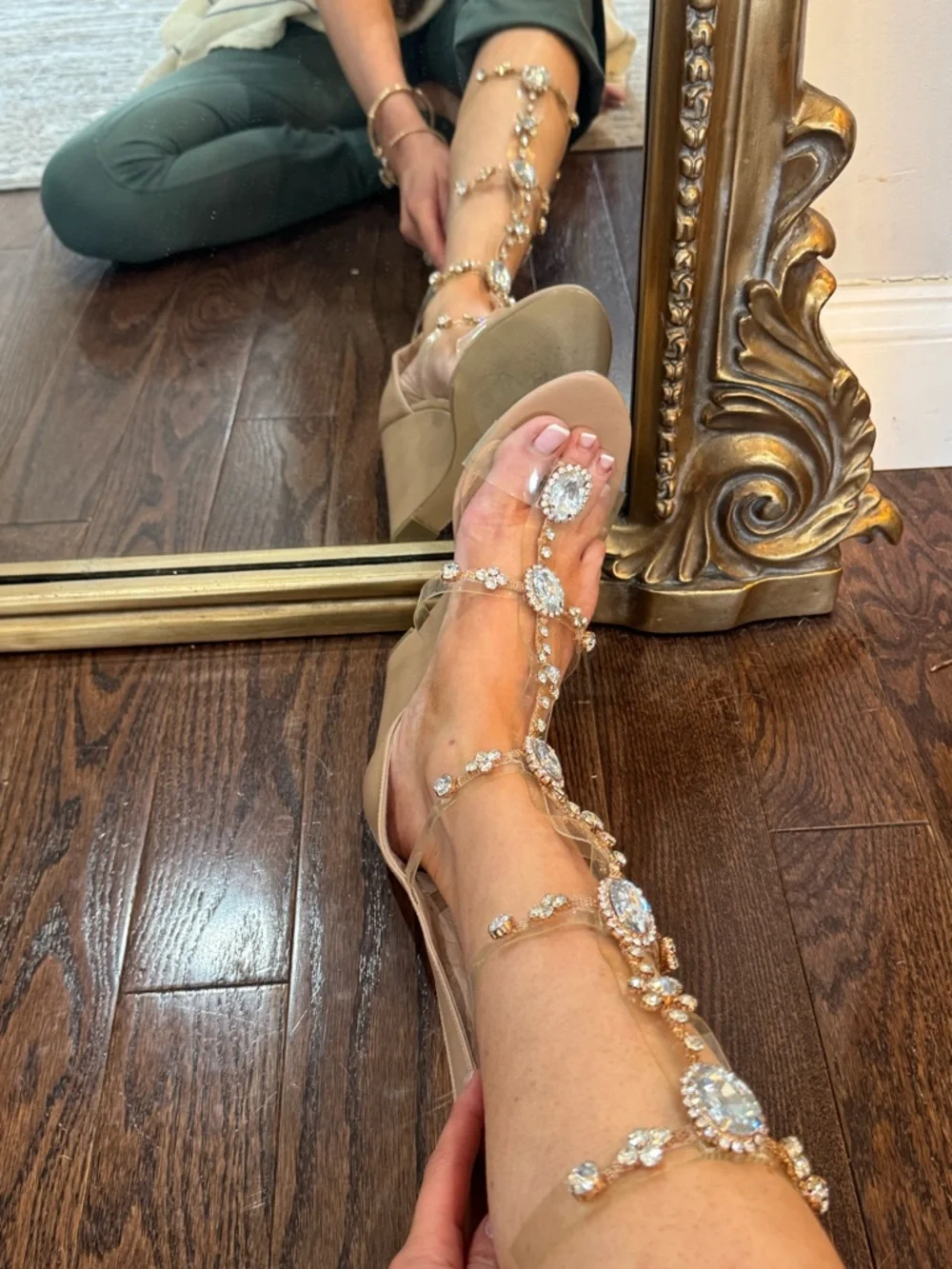 🤎💎 Crystal‎ Embellished Clear Gladiator Wedge Sandals - Nude